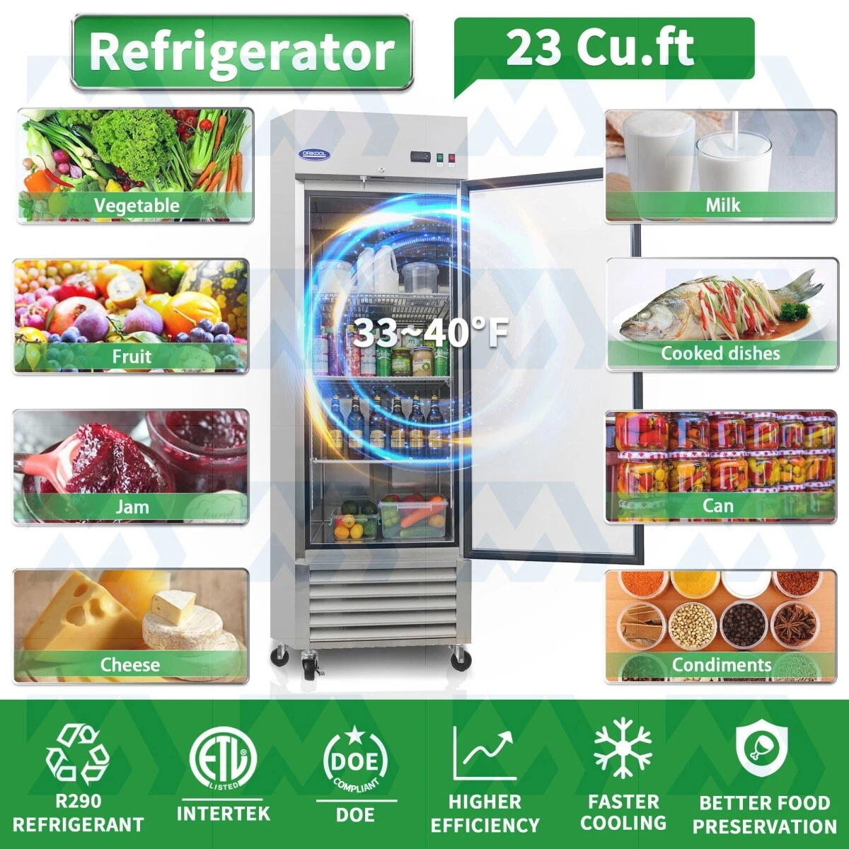 27" Commercial Display Refrigerator Swing Glass Door 23 Cu. ft Stainless Steel - Image 2